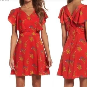 Nordstrom Chelsea 28 NWT Womens XL  Ruffle Red Fiery Tossed Flowers Dress Midi